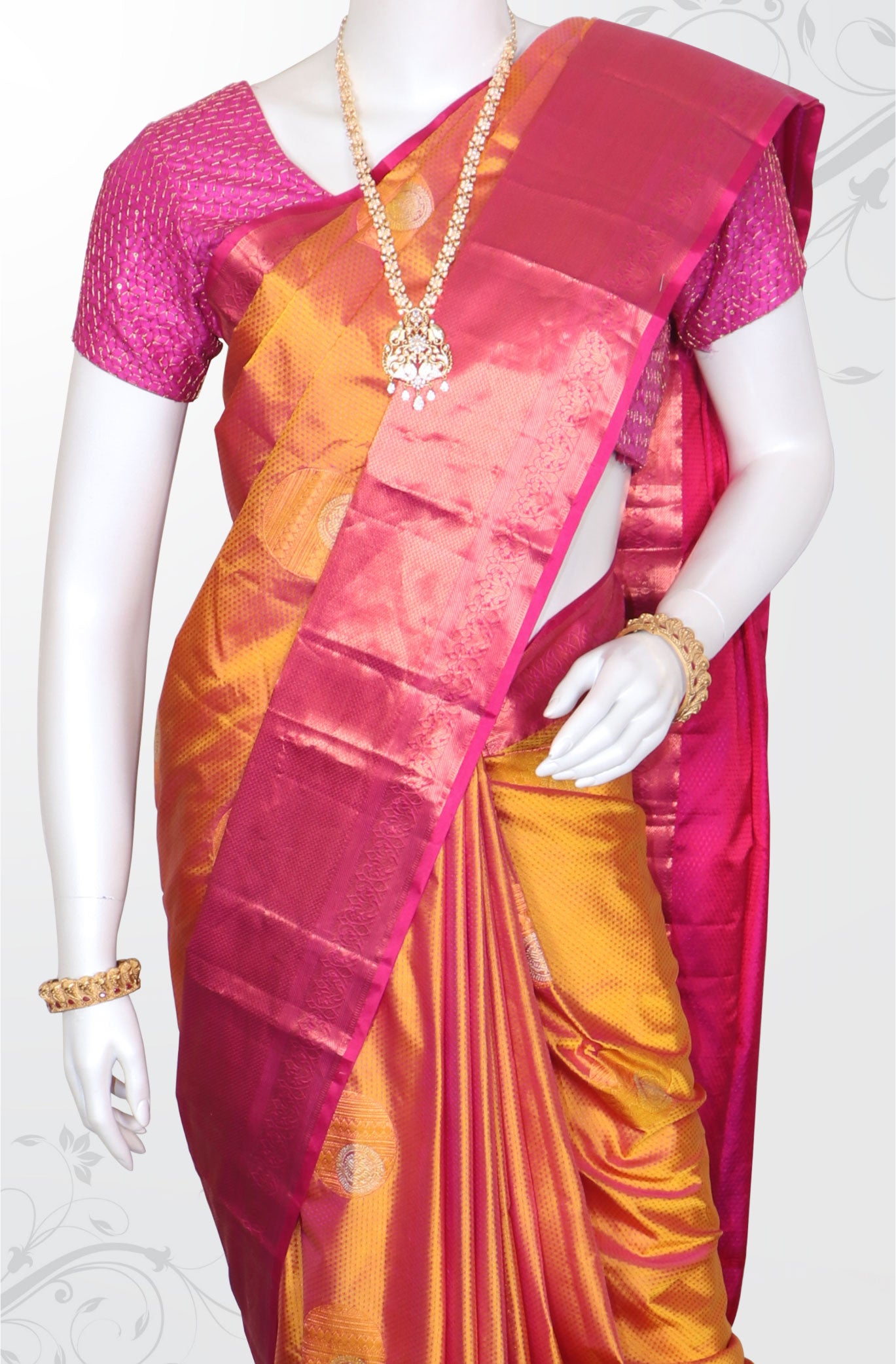 Handloom Orange Pure Silk Kanjivaram Saree With Pink And Green Border –  WeaverStory